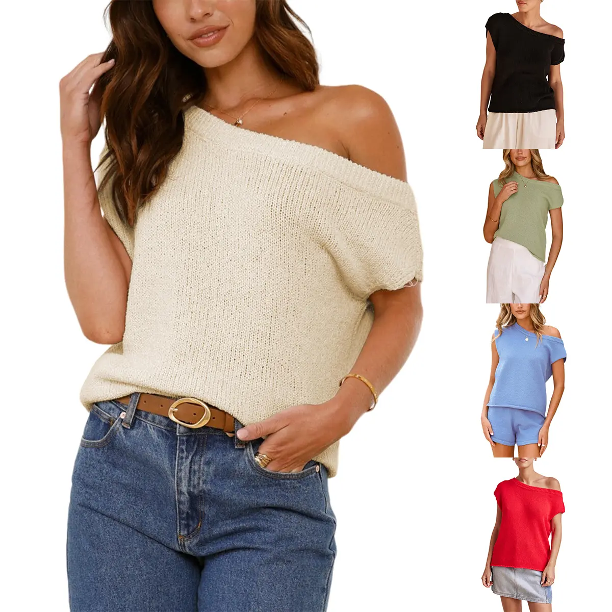 Naeduo Women's Off Shoulder Sweater Y2K Short Sleeve Ribbed Knit Pullover Date Night Top Blouse Relaxed Fit Asymmetrical Neckline Premium Soft Fabric Cozy Comfortable Breathable Versatile Wardrobe Essential Casual Womenswear Knitwear Basic