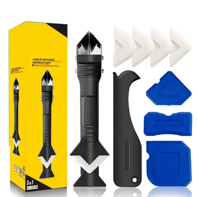 3-in-1 Silicone Caulking Tool - Sealant Finishing Tool, Grout Remover, Glass Glue Angle Scraper for Bathroom, Kitchen Joints (Black, Blue)