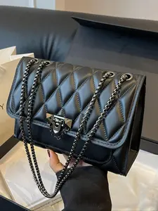 Women's Elegant Quilted Chain Strap Crossbody Bag, Trendy Plain Color Casual Shoulder Bag, Fashionable Bag for Daily Use, Handbag Shoulder Bag, Crossbody Shoulder Purses, Quilted Crossbody Bags