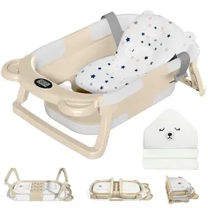 Collapsible Baby Bathtub for Newborn with Thermometer & 1 Hooded Towel & 1 Soft Floating Cushion,Portable Travel Bathtub with Drain Hole, Durable Foldable Baby Tubs for Infants to Toddler