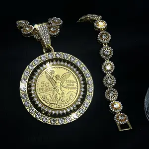 Mexican 50 Peso Centenario Gold Coin Pendant 20" Cuban Link Chain Necklace, 14K Gold Plated Zinc Alloy Hip Hop Jewelry with Rhinestones, Unisex Luxury Statement Accessory