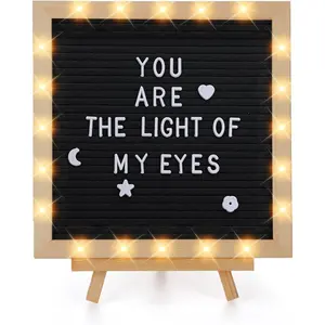 Changeable Felt Letter Board with LED Lights 10×10" Custom Message Signs with Wood Stand & 450 Letters for Baby Pregnancy Announcement Classroom Wall Decor First Day of School Gift Black