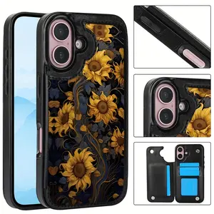 Artistic Sunflower Floral Leather Wallet Card Holder Phone Case for iPhone 17/16/15/14/13/12 Pro/Plus/Pro Max/Air Shockproof Cash