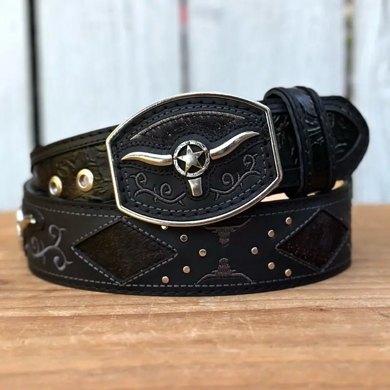 Black “Long Horn” Western Style Leather Belt for Men | Handcrafted in Mexico