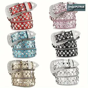 [newstoreoffers]SkullRivetRhinestoneBBBeltFashionSolidColorShinyCoolpuBeltDenimDenimPantsBeltWomenGirlsMen