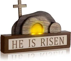 Wooden Easter Tabletop Sign Set with Light String, Empty Tomb Resurrection Scene, Cross & He Is Risen Decor, Christian Religious Home Centerpiece, Print-Infused Gift for Faith-Focused Homes