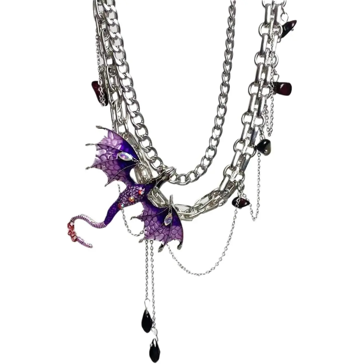 Dragon Choker Necklace For Women Black Purple Silver Stainless Steel Cubic Zirconia Punk Gothic Cool Stylish Flying Dragon Charm Necklace Adjustable Chain Jewelry Unique y2k emo Accessories Birthday Gifts For Her GF Girlfriend