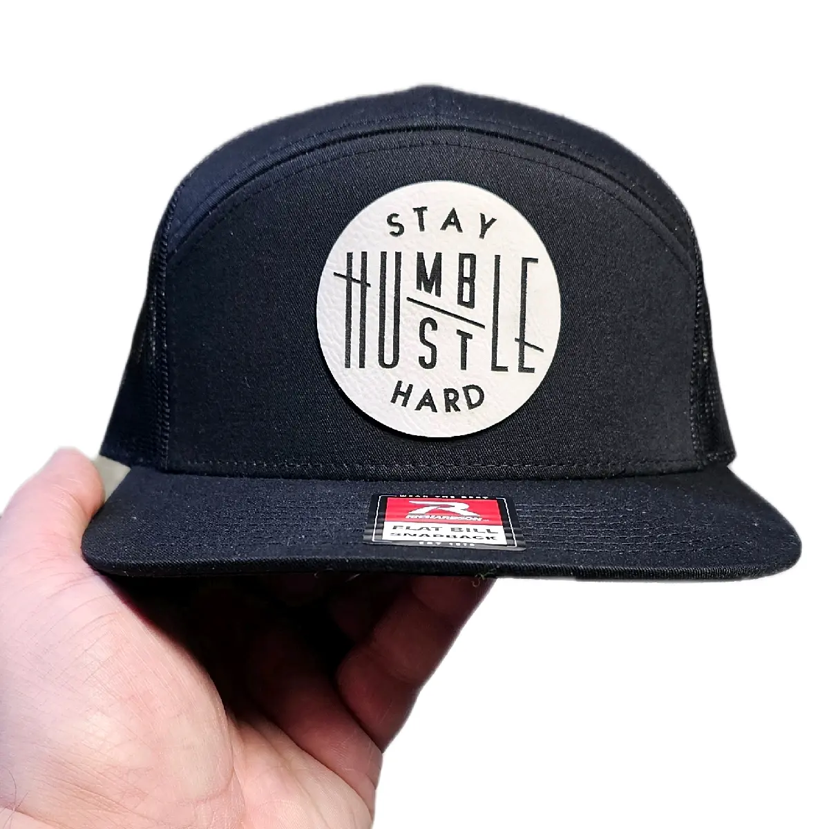 Stay Humble Hustle Hard Blue Collar, Richardson 168 7 panel Flat Bill Hat, Richardson 112, Baseball Cap