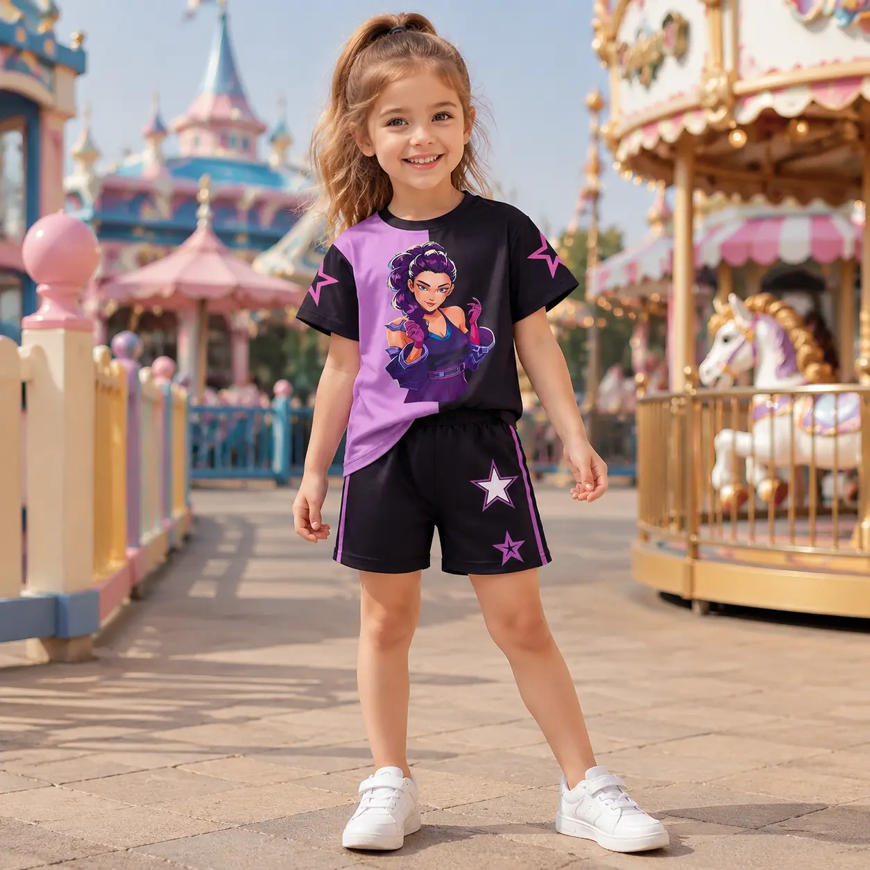 Toddler Girls 2Pcs Streetwear Set, Cool Anime Girl Graphic Split-Color T-Shirt & Star Print Shorts, Purple & Black Summer Clothes for Kids Age 4-7