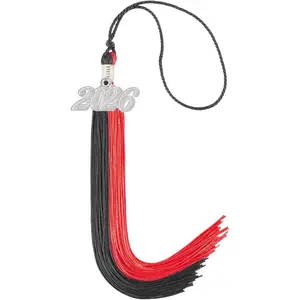 Graduation Tassel 2026 Double Color Tassel with Silver Year Charm 9 Inch Black and Red
