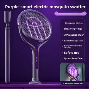 Electric Fly Swatter Bug Zapper USB Rechargeable Racket with 1200mAh Battery, Purple Light, Safe Indoor Household Pest Control Tool for Zapping Bugs with Zapper, Mosquito Control Flies, Camping Gear, Summer Home Essential, Fly Zapper Mosquitoes