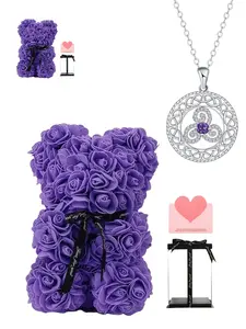 Silver Knot Amethyst Guardian Necklace Sparkling Celtic Knot & Clover necklace with premium diamond-inlaid amethyst pendant.With preserved rose & bear jewelry gift box, perfect mystery gift for birthdays, Valentine’s Day, Mother’s Day and Christmas.