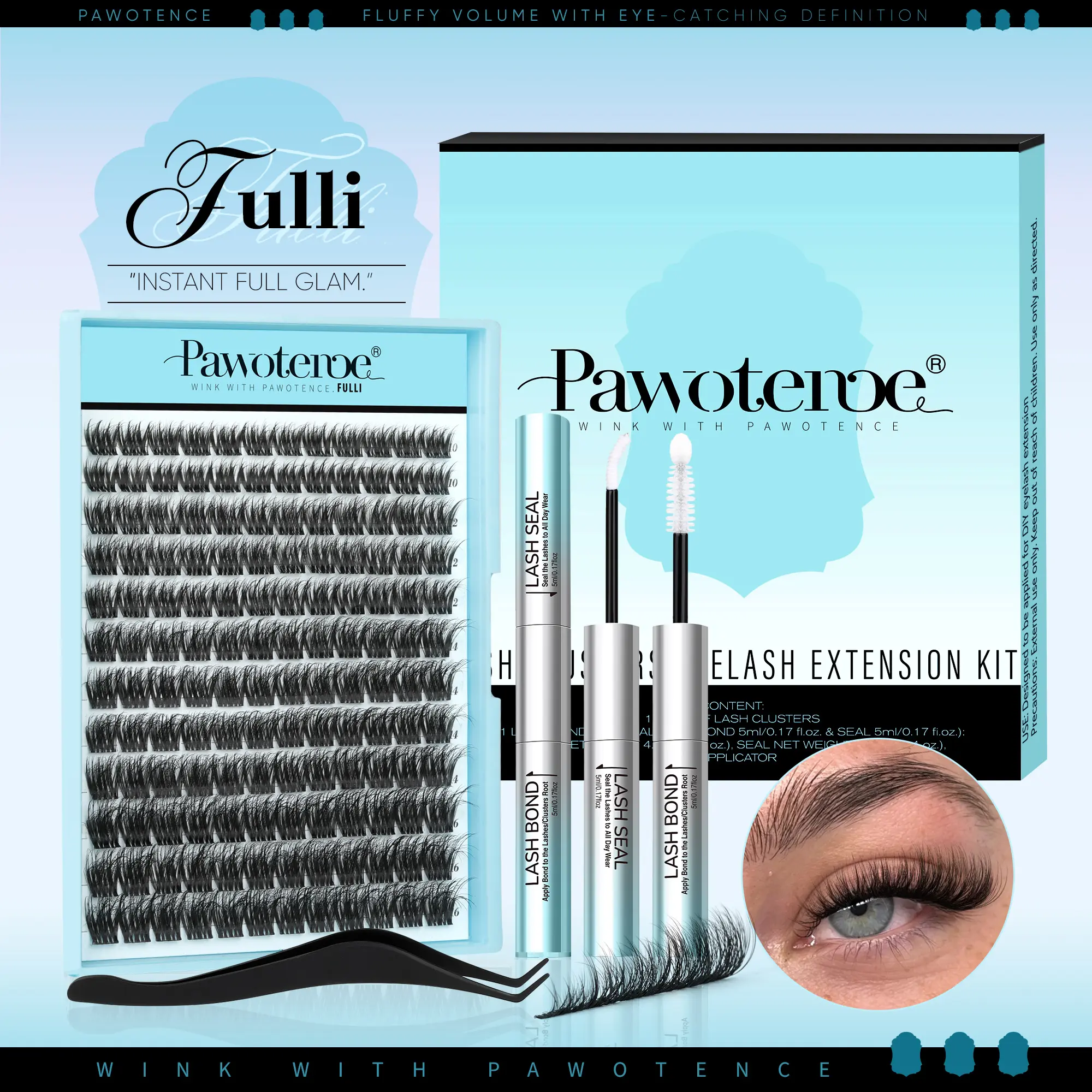 Pawotence Fulli Fluffy Feline Puff Lash Clusters, 144-Piece Russian Full Glam Volume Eyelash Extensions with Soft Band, D Curl Wispy Individual Cosmetic Lashes for DIY Personal Natural & Glam Makeup Looks