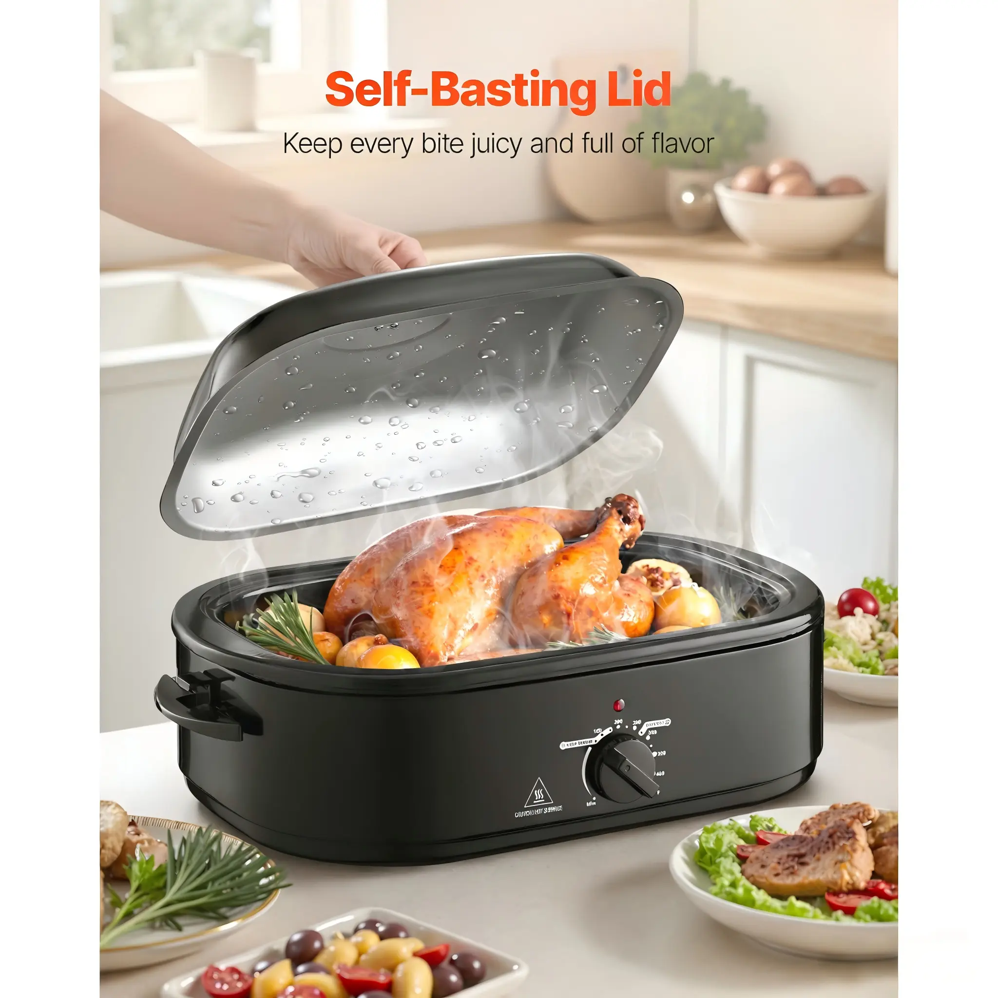 18QT Electric Roaster Oven with Self-Basting Lid, 1450W Fast Even Cooking, 150℉-450℉ Precise Heat Range, Roast & Defrost, Warm Functions, Large Size for Casual Gatherings, Juicy Meat, Crispy Skin