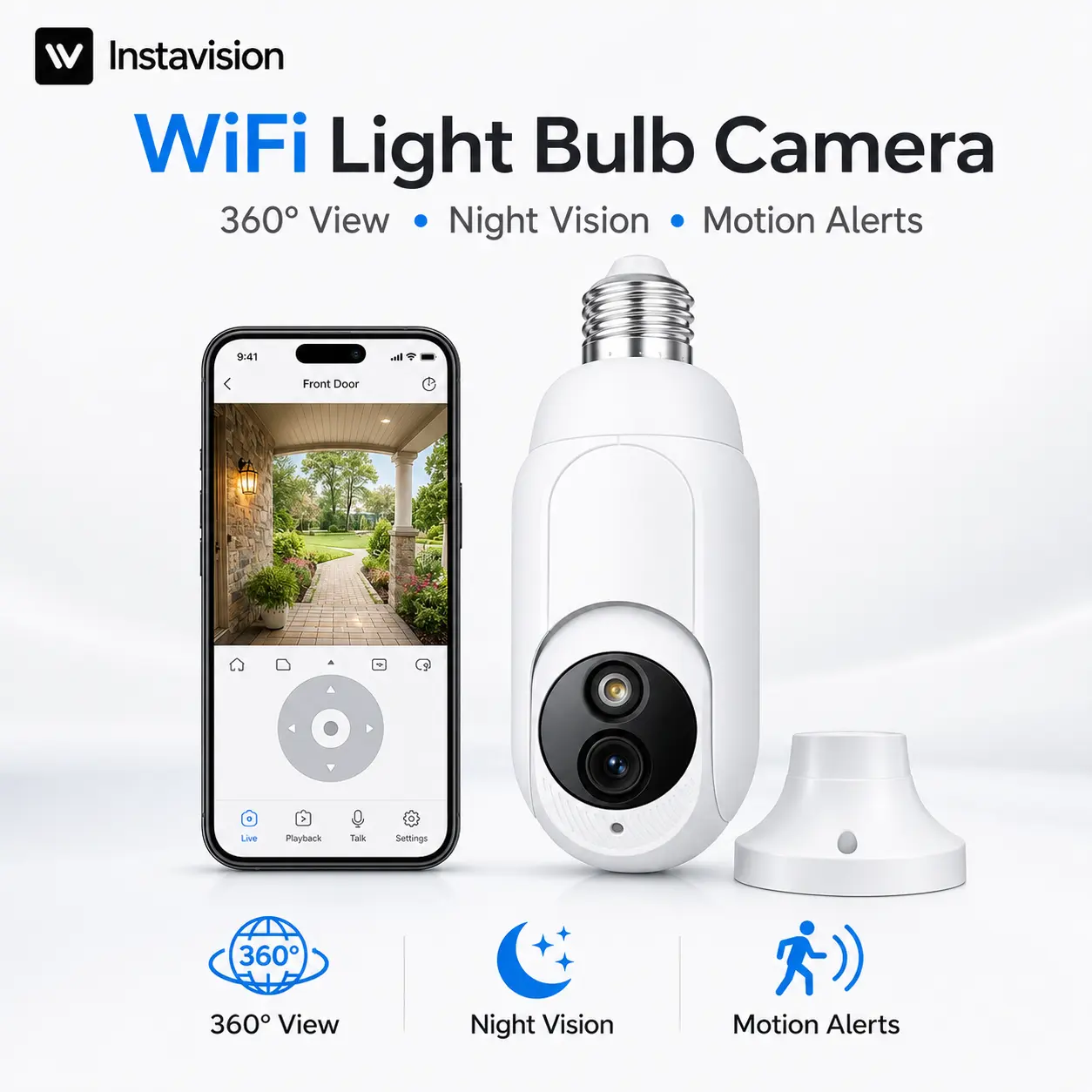 Instavision 3MP WiFi Light Bulb Security Camera, 355° Pan 90° Tilt Indoor Home Camera with Color Night Vision, AI Human Detection, Motion Alerts, Two-Way Audio, 2.4GHz WiFi, E27 Socket, microSD & Optional Cloud Storage