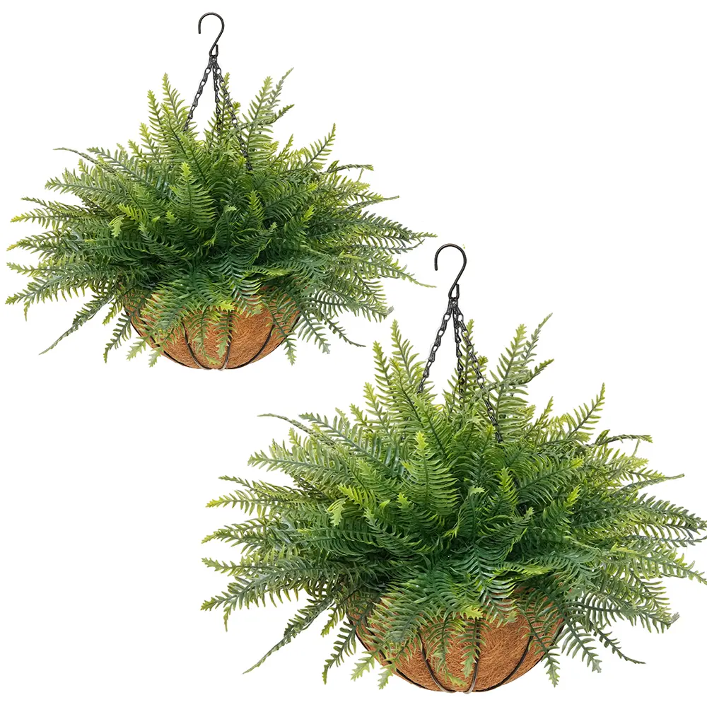 Fake Ferns Hanging Baskets,2PCS Artificial Hanging Plants Outdoor, 2 Hanging Planters with 16Pcs Fake Ferns for Indoor Outside Decorations for Front Porch Garden Balcony Patio Home Decor (2, Green)