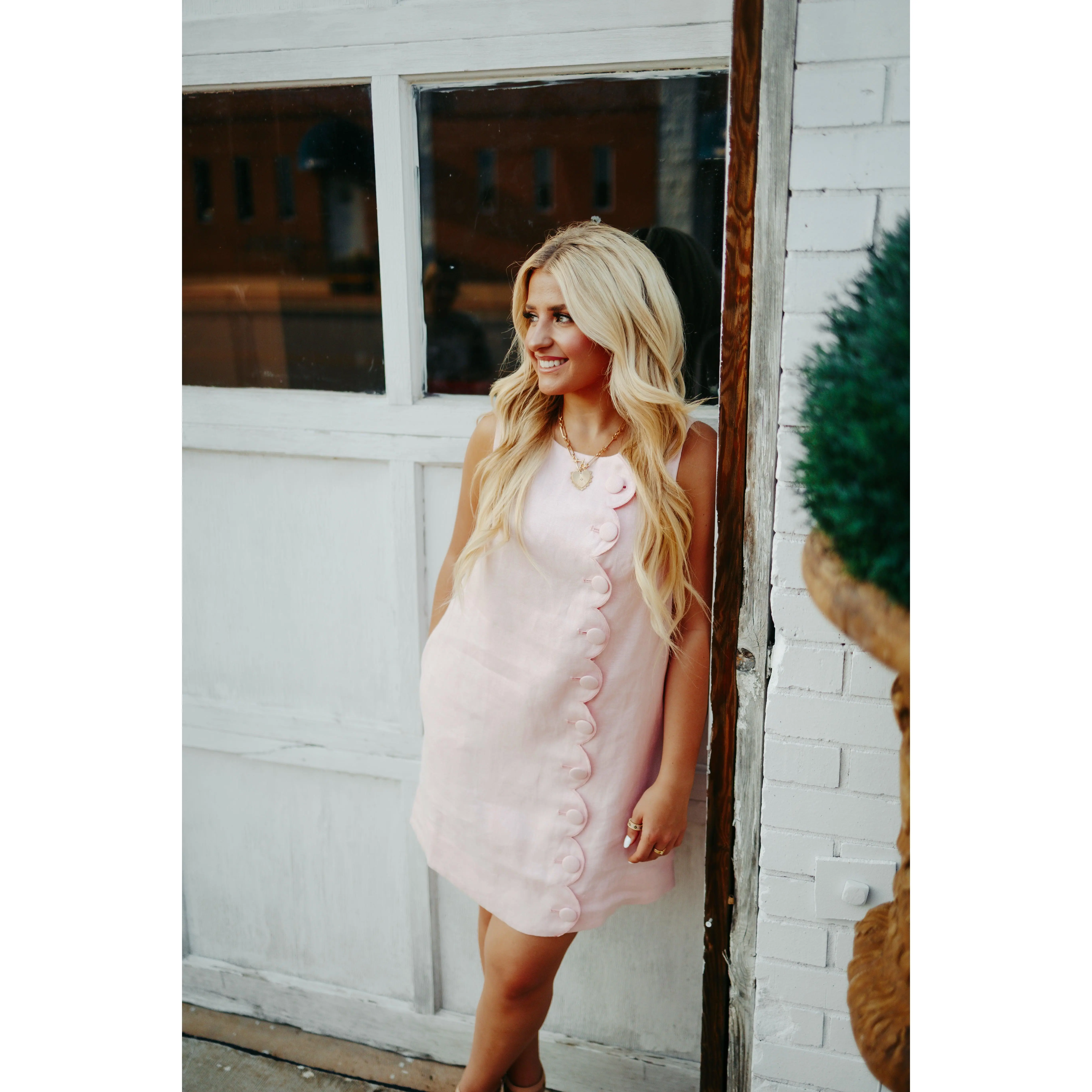 Pink Scallop Linen Mini Dress