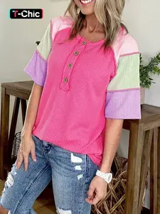 Hotapei Summer Casual Twisted Ribbed Colorblock Henley Short Sleeve Fitted Pullover T-Shirt, Stylish and Comfortable, Perfect for Daily Wear