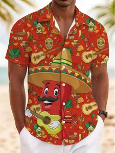 New Summer Men's Short Sleeve Shirt, Mexican Chili Cartoon Print, Casual Breathable Beach Vacation Hawaiian Shirt, Slim-Fitting
