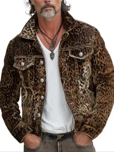 Men's Denim Jacket High Street Vintage Leopard Print, Casual Slim-Fitting Workwear Coat, Trendy Male Fashion Outerwear