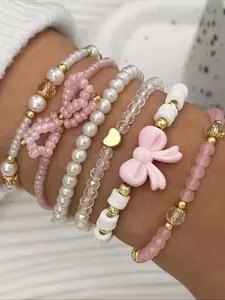 6pcs/set Fashionable Heart & Bow Beaded Bracelet Set for Women, Elegant Jewelry Gift Idea, Perfect Accessory for Any Occasion