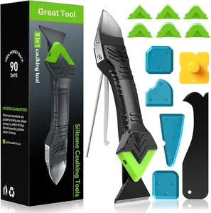 Great Tool 5 in 1 Silicone Caulking Grout Removal Sealant Finishing Tool with Grout Scraper 6 Exchange Silicone Pads Adhesive Residue Scraper