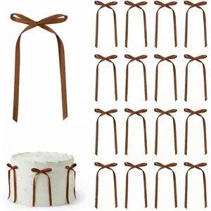 30 Pack Satin Bow Cake Decorations, Pre-Tied Ribbon Bows (3.5 x 6.5 Inch), Delicate Slim Bows for Cake Decorating, Minimal Elegant Dessert Decor – Brown