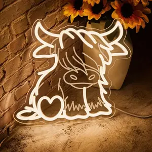 Highland Cow LED Neon Light, USB Powered Adjustable Brightness Wall Hanging Decorative Lamp, Night Light, Home Bedroom Party Atmosphere Lighting Gift
