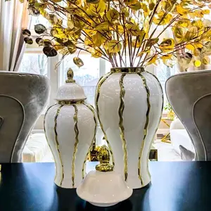 Stylish Gold Ceramic Ginger Jar with Decorative Design Set and Ornaments - Tin Centerpiece Vase Gift