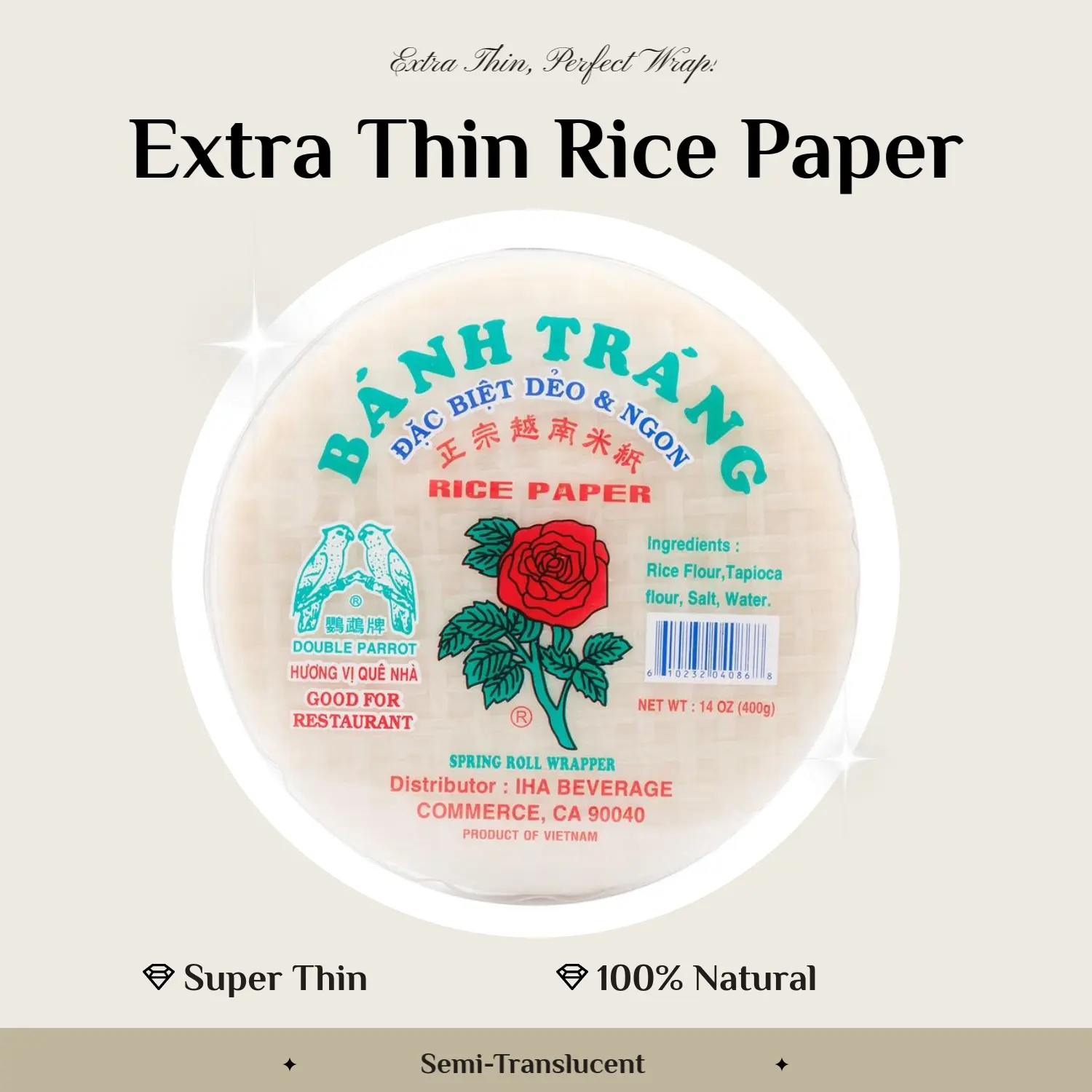 *Extra Thin Skin Wrapper Banh Trang Dat Biet Deo & Ngon Spring Roll Rice Paper (Double Parrot ROSE) 8 1/2", 12 Oz. Vietnamese Foods and Snacks