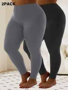 2-Pack Plus Size Women's Solid Elastic Yoga Pants, High Waist Stretch Tummy Control, Comfortable Breathable Sportswear, Casual Workout Bottoms, High Waisted Leggings