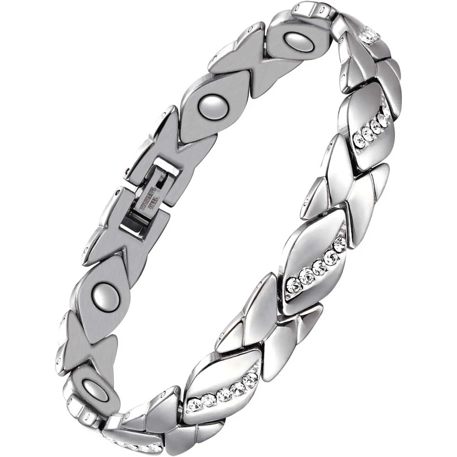 Women's Silver-Tone Crystal Accents Exquisite Bracelet, Size Adjustable Stackable Magnetic Sports Wristband with Sizing Tool, Valentine’s Day Gift for Adults, Female, Stacked Links, Classic, Casual, Sporty Sports Wristbands