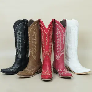 Cowboy Boots for Women - Knee High Embroidered Western Cowgirl Boots, Pointed Toe Chunky Heel Retro Boots, Pull On Zipper Vintage, Halloween Gifts, Botas