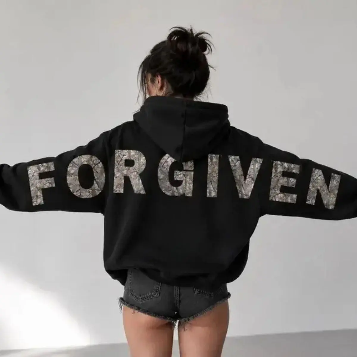 Camo Forgiven Christian Hoodie, Arm-to-Arm Lettering, Jesus Faith Graphic, Heavyweight Unisex Pullover, Religious Hunting Gift