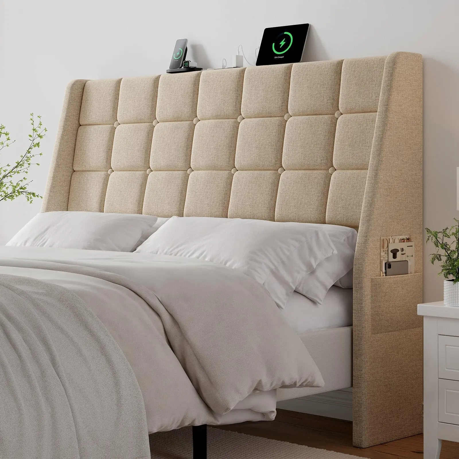 【SummerFinds】ONBRILL Ergonomic Upholstered Full/Queen Size Headboard w/Charging Station, Linen Wingback Headboards w/Storage Pocket, Full Headboard Only, Bed Frame Adapters, Sturdy Solid Wood Bed Head Board