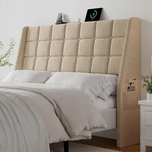 【SPOTLIGHT DAY】ONBRILL Ergonomic Upholstered Full/Queen Size Headboard w/Charging Station, Linen Wingback Headboards w/Storage Pocket, Full Headboard Only, Bed Frame Adapters, Sturdy Solid Wood Bed Head Board