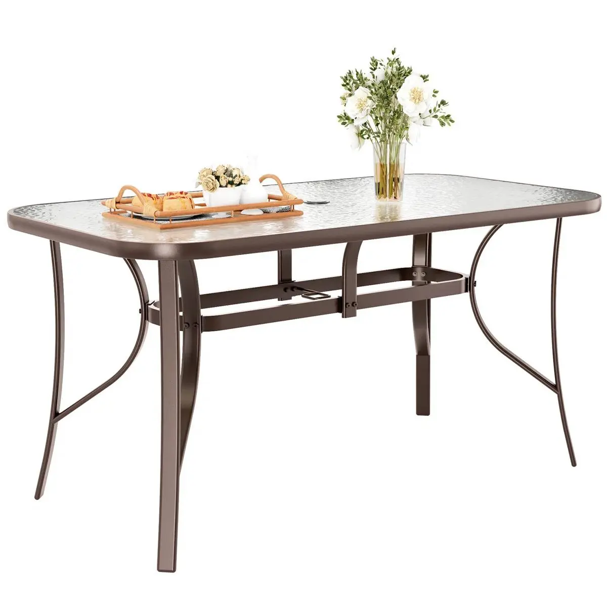 MAMIZO Patio Tempered Glass Table, Rectangular Dining Table with Umbrella Hole, All-Weather Resistance Outdoor Table for Garden & Backyard Lawn Patio Poolside【tiktokshopsummersale】