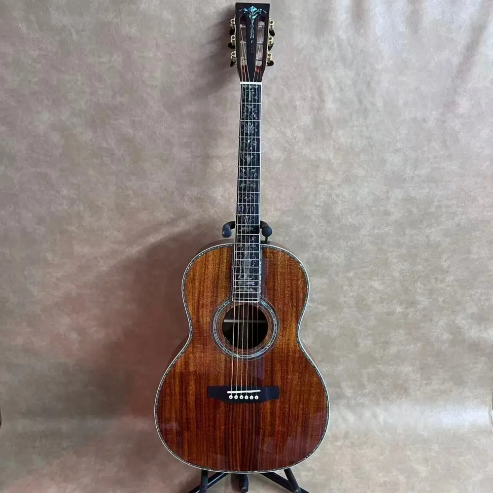 00045 All Koa Wood Acoustic Guitar, Ebony Fingerboard, 6 Strings, Abalone Shell Inlaid with Large Vase, Suitable for Beginners/Professionals