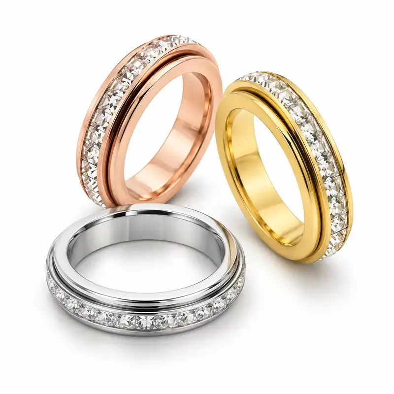 3-Pack Women's Cubic Zirconia Geometric Spinner Rings – Kinetic Fidget Rings, Adjustable Statement Jewelry for Daily Wear, Stress Relief & Fashion Accessories