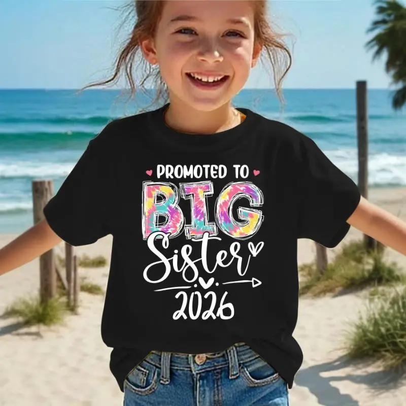 Promoted To Big Sister 2026 Girls T-Shirt, Letter Print Short Sleeve Casual Versatile Summer Graphic Tee Crush Tee