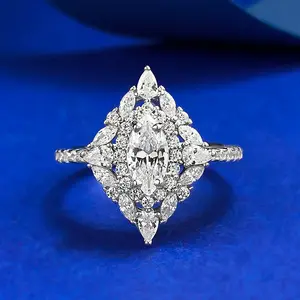 【966】New Year Promo Art Deco Geometric Marquise Ring | 4x8mm White Marquise Zirconia Center |  Double Halo | Full Pave Band