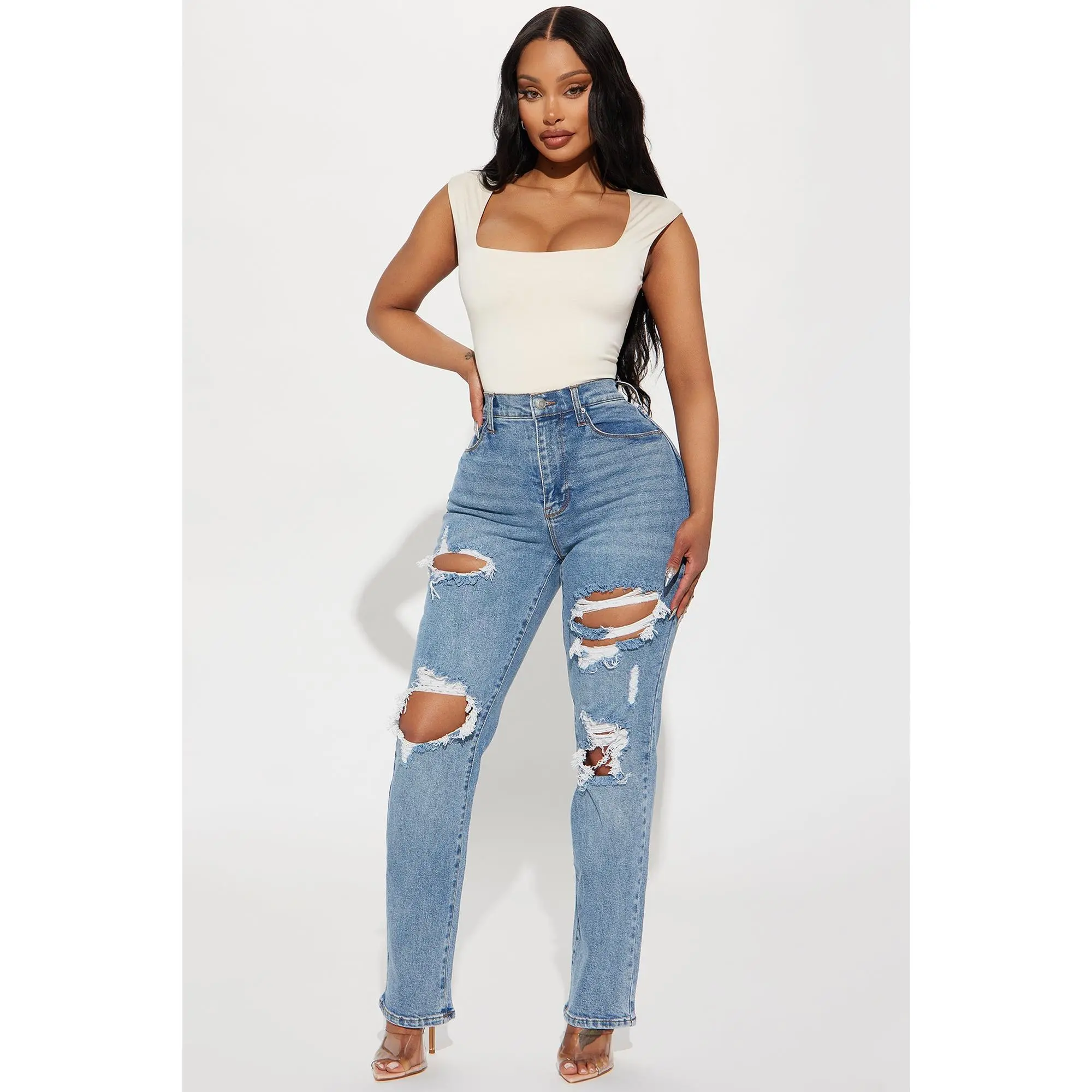 Because I Said So Destroyed Mom Jeans - Medium Blue Wash Because I Said So Destroyed Mom Jeans - Medium Blue Wash
