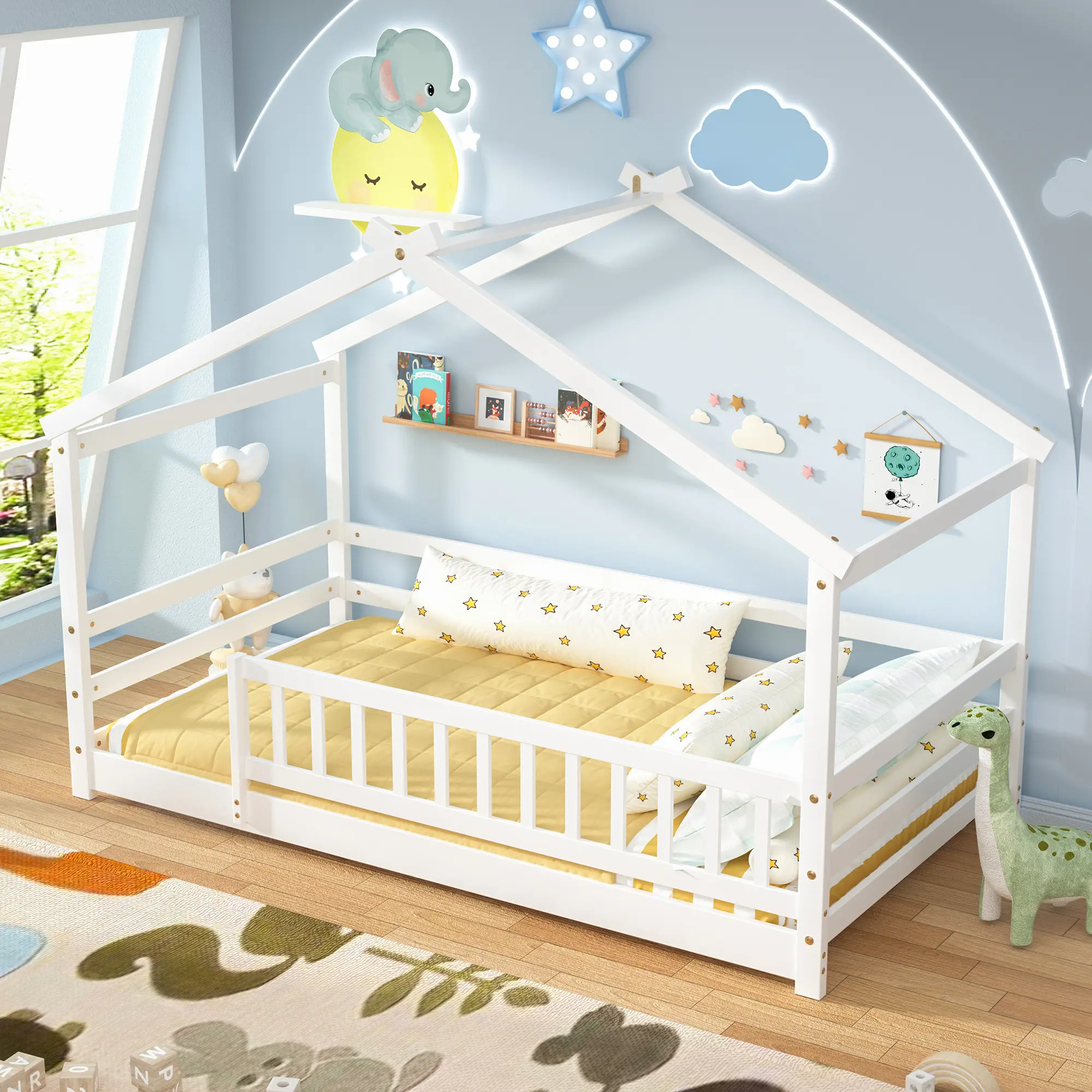Twin Size House Bed Montessori Floor Bed Frame with Safety Guardrails & Playhouse Roof Easy Assembly Toddler Bed for Boys and Girls,dorm essentials,home decor