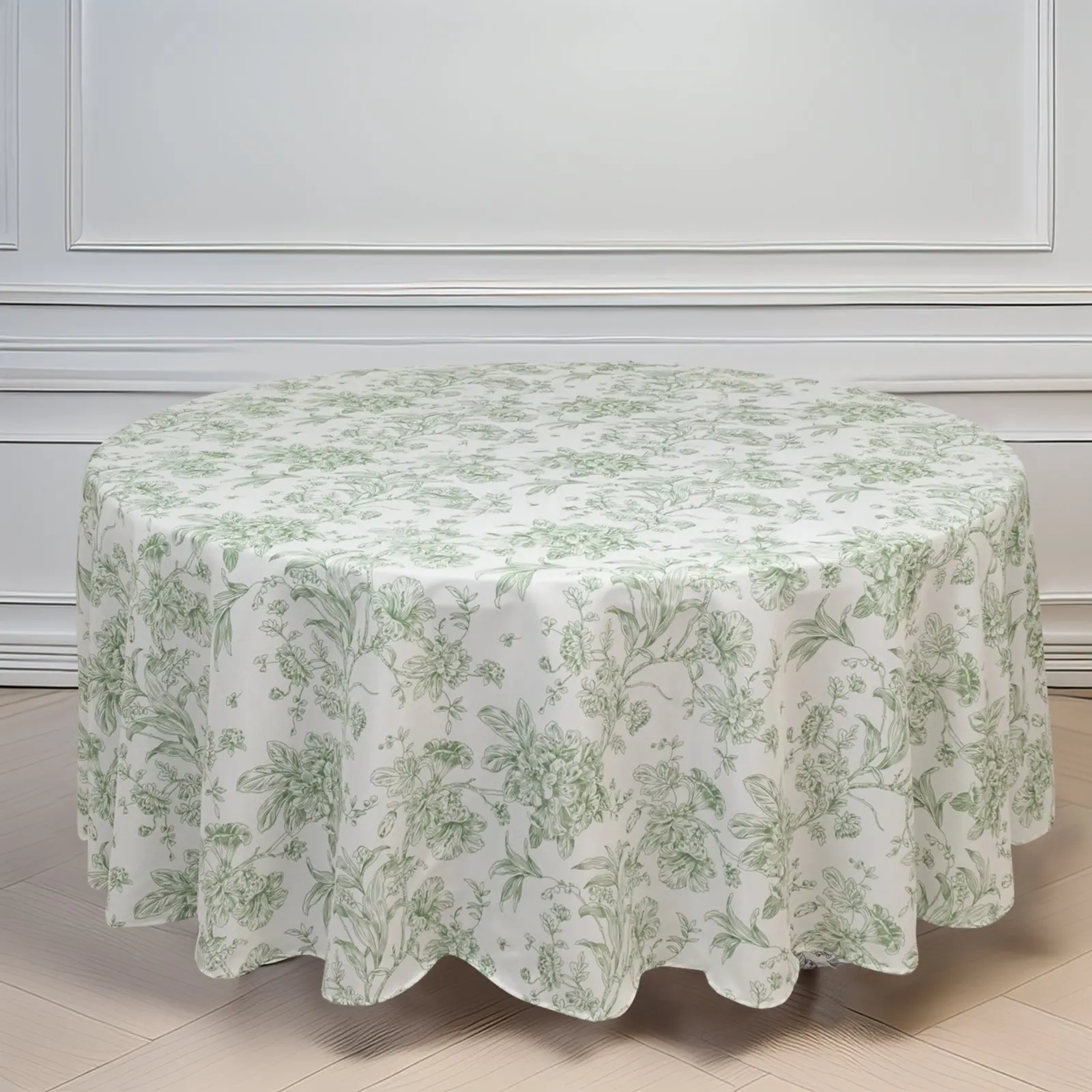 Washable Polyester Round Tablecloth, 108" White with Dusty Sage Green French Toile Pattern - Outdoor Furniture Table Cover for Wedding Decoration & Chic Events