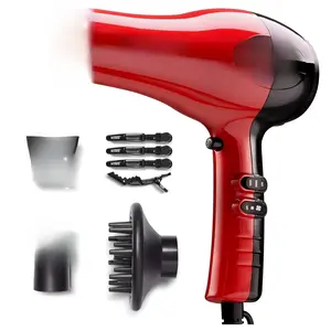 KISS 1875 Watt Pro Tourmaline Ceramic Hair Dryer, Styling Edition, 3 Heat Settings, 2 Speed Settings, Cool Shot Button, 7 Blow Dryer Accessories Included, 2-Year Warranty - Red