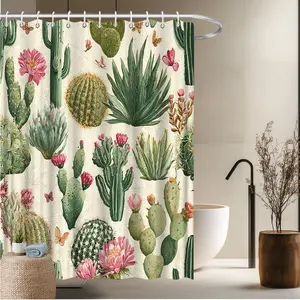 1pc Plant Theme Bath Curtain-2D Flat Various Cactus Flower Details Print Bathroom Decor 70.8x70.8 inches