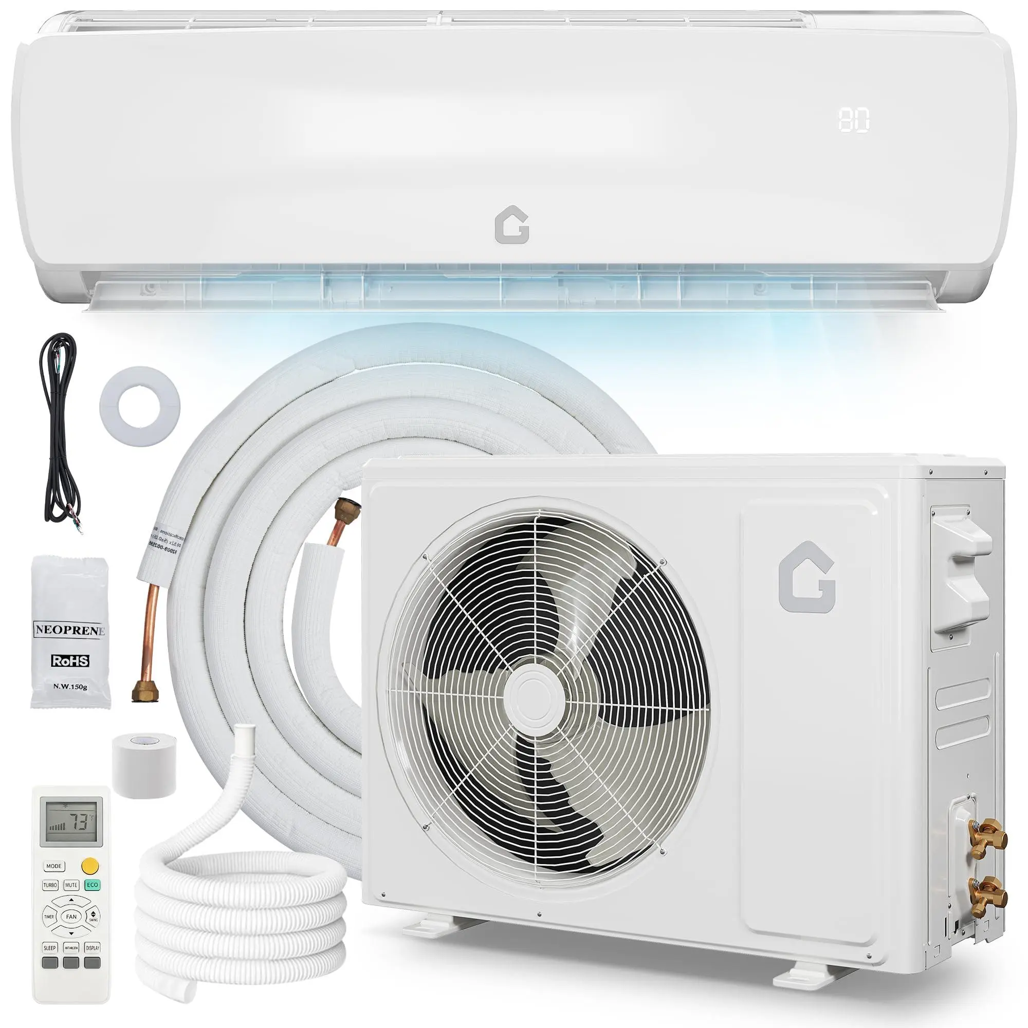19 SEER2 9000 BTU Split Air Conditioner, Ductless Mini-Split Inverter A/C Heat Pump System 115V, Cools 450 Sq. Ft, 3-in-1 Cooling/Heating/Dehumidifying, 10ft Pre-Line Set, White, 115V Plug, Cooling Heat, Seer2 Rated