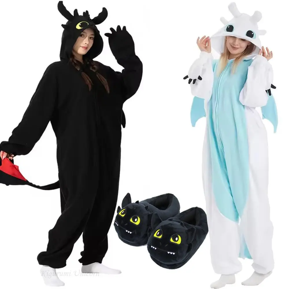 Black Toothless Dragon Kigurumi Onesie Pajamas - Adult & Kids Animal Jumpsuit for Halloween Cosplay, Winter Cosplay, Train Themed Events - Black Pajamas Slipper, Blackpajamas Slipper