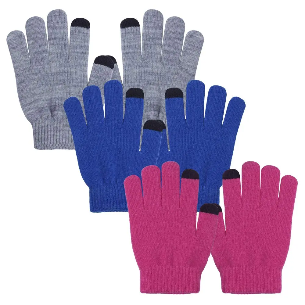 EvridWear Girls' Mittens - 3-Pair Knitted Acrylic Stretchy Material, Windproof Design, Touchscreen Compatible, Warm for 10-11 Years Small Hands, Winter Everyday Wear, Christmas Gift, Spandex Acrylic
