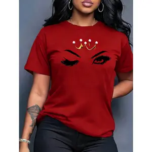 100% Cotton Women's Short Sleeve Top Crown Eye Makeup Queen Print Round Neck Machine Washable Suitable for Spring Summer Autumn Loose Casual Fashion Commuting Daily Simple Friend Gathering Party Activity Best Friend Outfit Holiday Gift Versatile